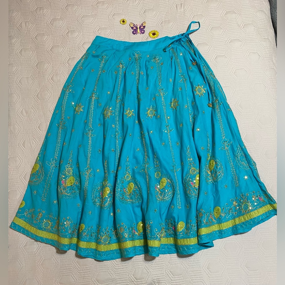 Blue Embellished Boho A-Line Midi Skirt size M